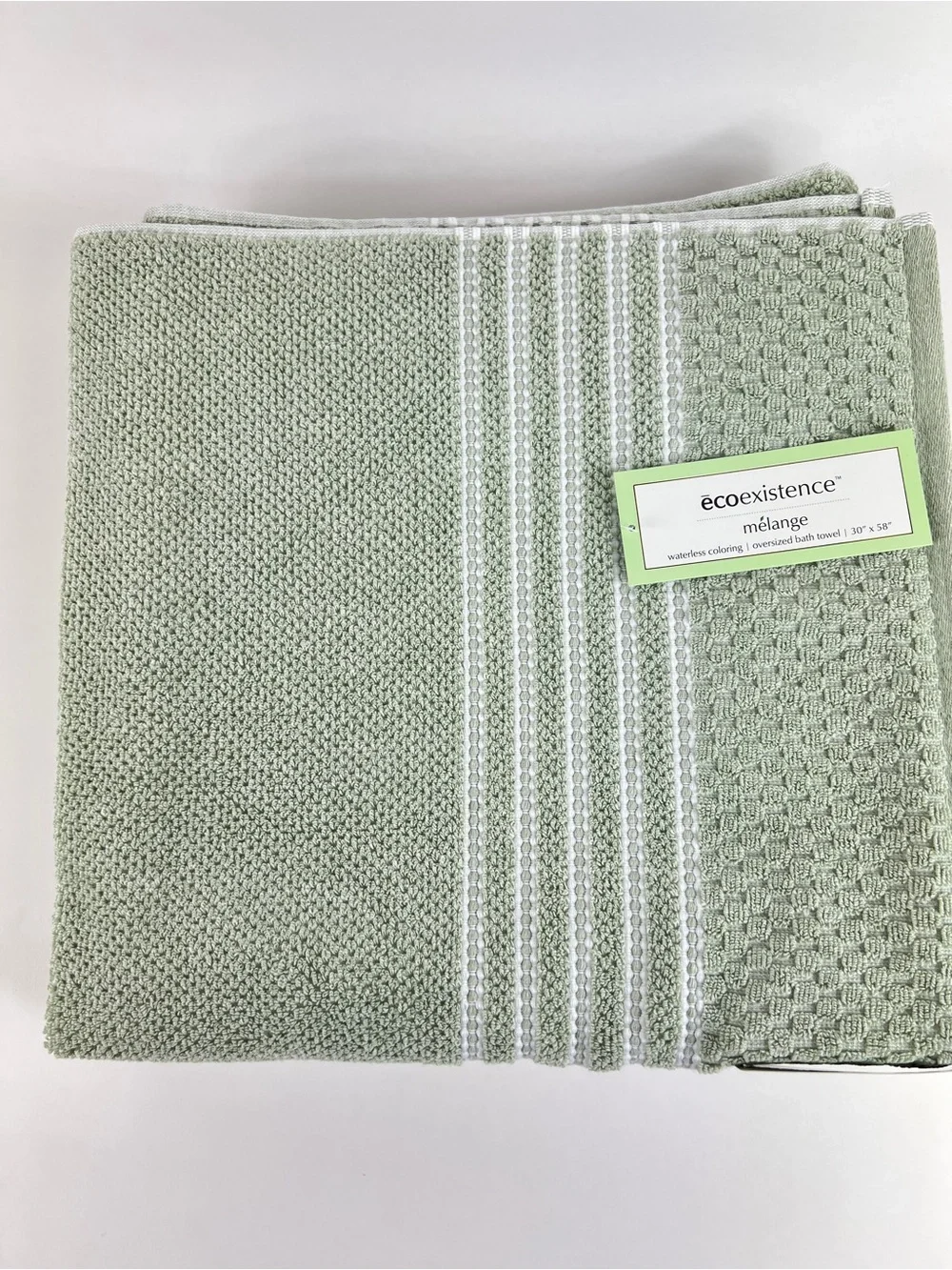 Ecoexistence Mélange Bath Towels Green White Stripe Soft Cotton Blend 2 Pc NEW